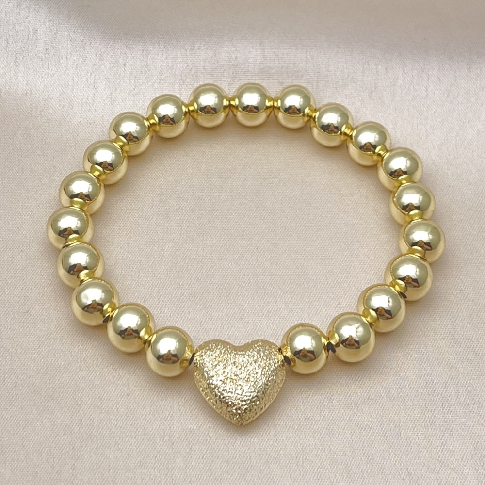 Oro Laminado Fancy Bracelet, Gold Filled Style Heart and Ball Design, Matte Finish, Golden Finish