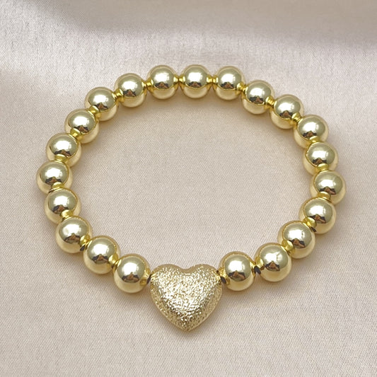 Oro Laminado Fancy Bracelet, Gold Filled Style Heart and Ball Design, Matte Finish, Golden Finish