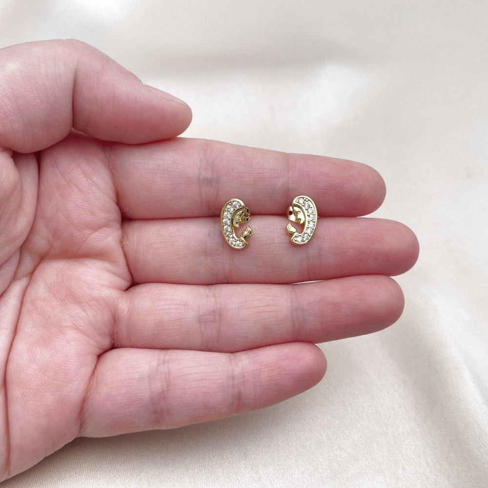Oro Laminado Stud Earring, Gold Filled Style Guadalupe Design, with White Micro Pave, Polished, Golden Finish