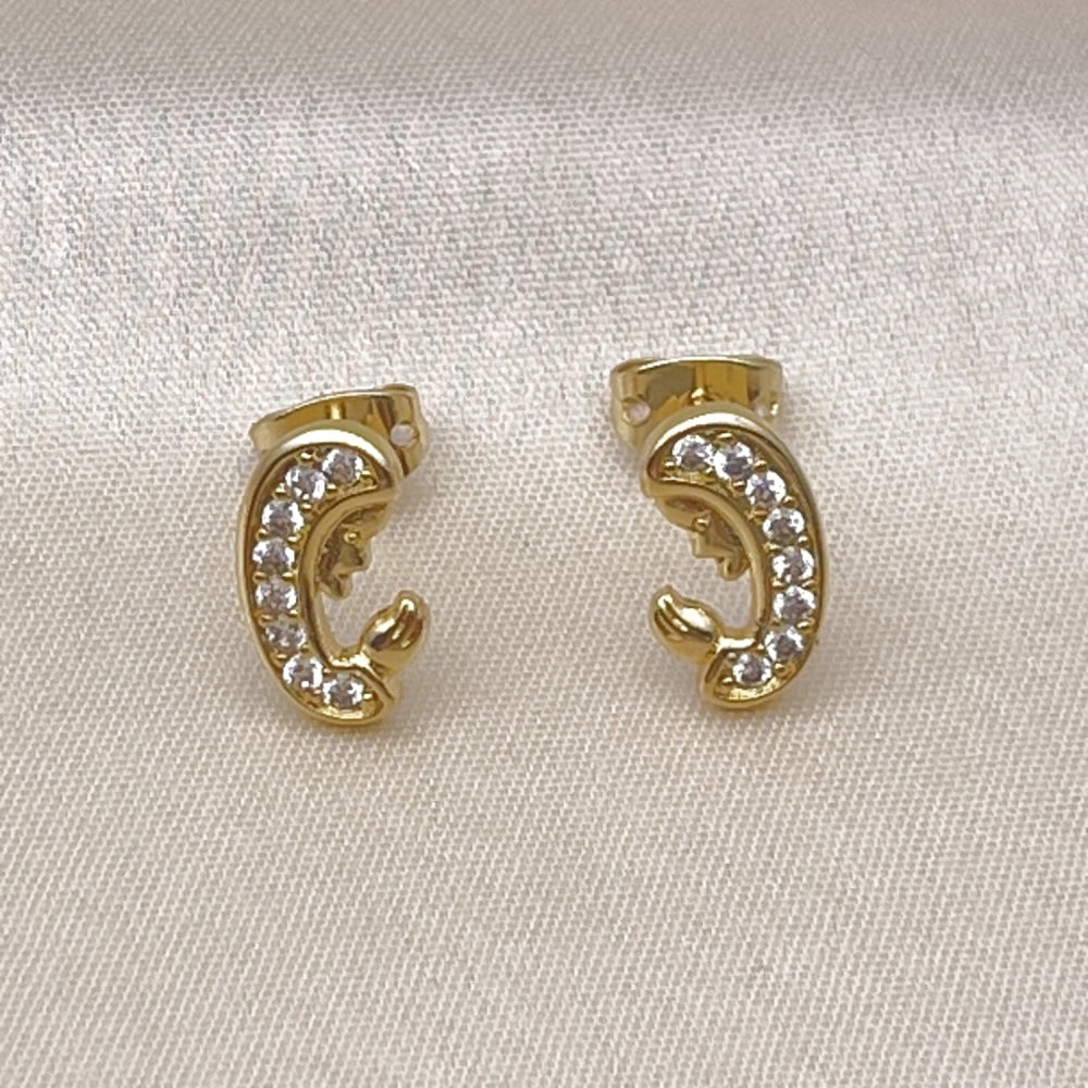 Oro Laminado Stud Earring, Gold Filled Style Guadalupe Design, with White Micro Pave, Polished, Golden Finish