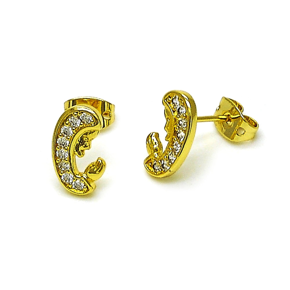 Oro Laminado Stud Earring, Gold Filled Style Guadalupe Design, with White Micro Pave, Polished, Golden Finish