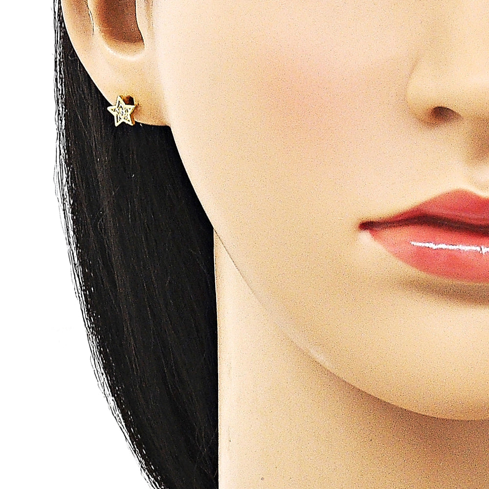 Oro Laminado Stud Earring, Gold Filled Style Star Design, with White Micro Pave, Polished, Golden Finish
