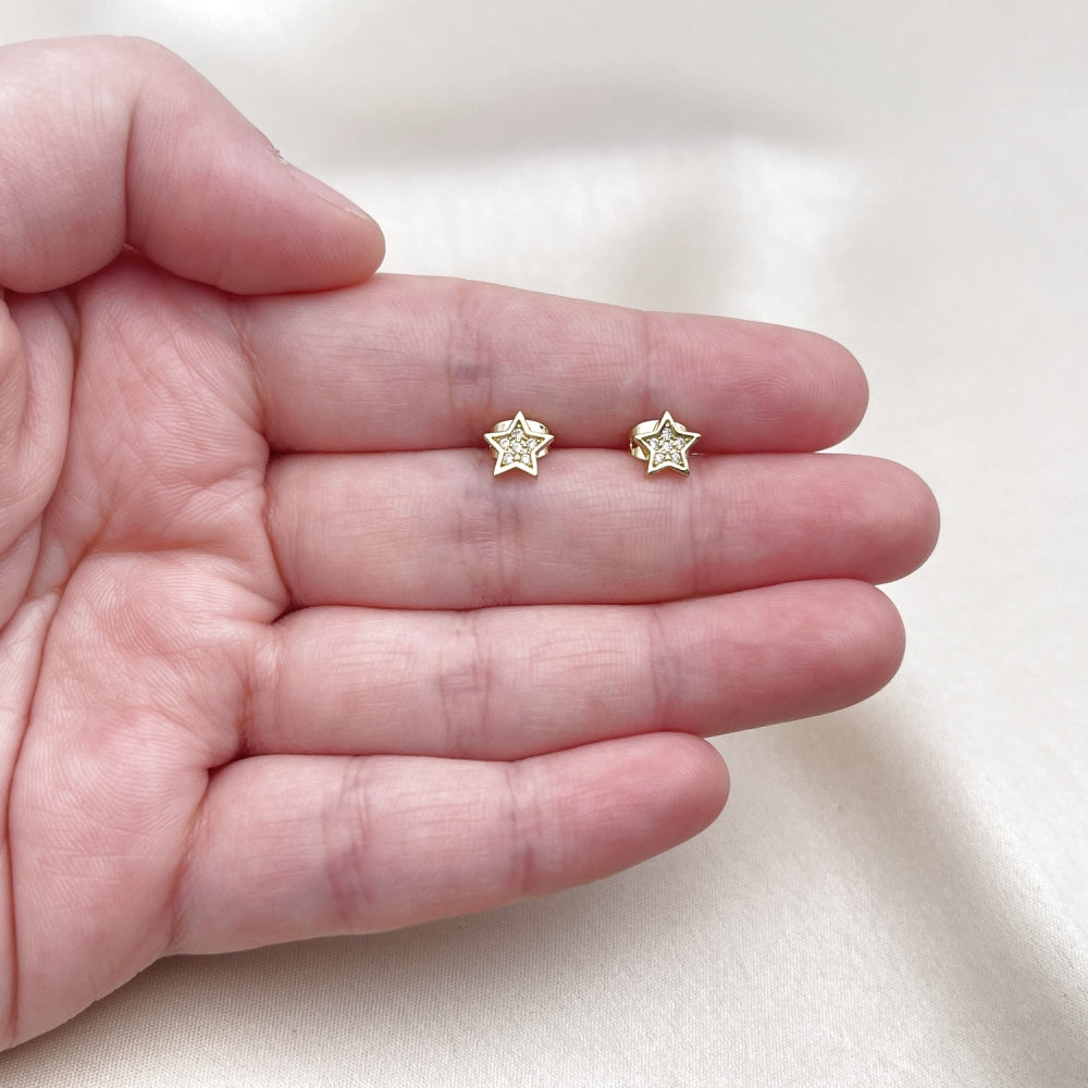 Oro Laminado Stud Earring, Gold Filled Style Star Design, with White Micro Pave, Polished, Golden Finish