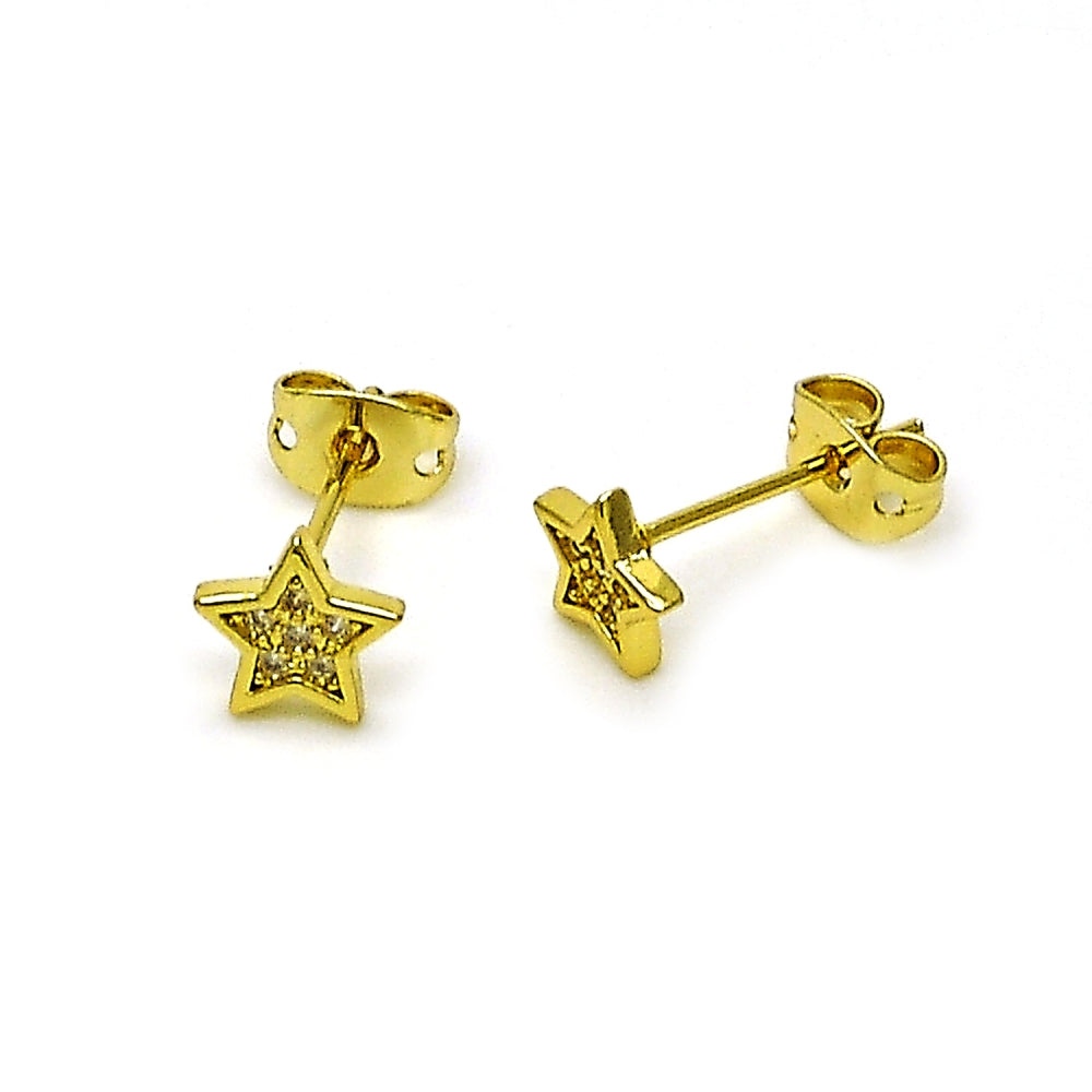 Oro Laminado Stud Earring, Gold Filled Style Star Design, with White Micro Pave, Polished, Golden Finish