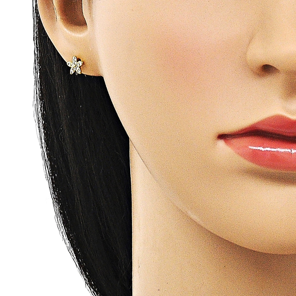 Oro Laminado Stud Earring, Gold Filled Style Flower Design, with White Micro Pave, Polished, Golden Finish