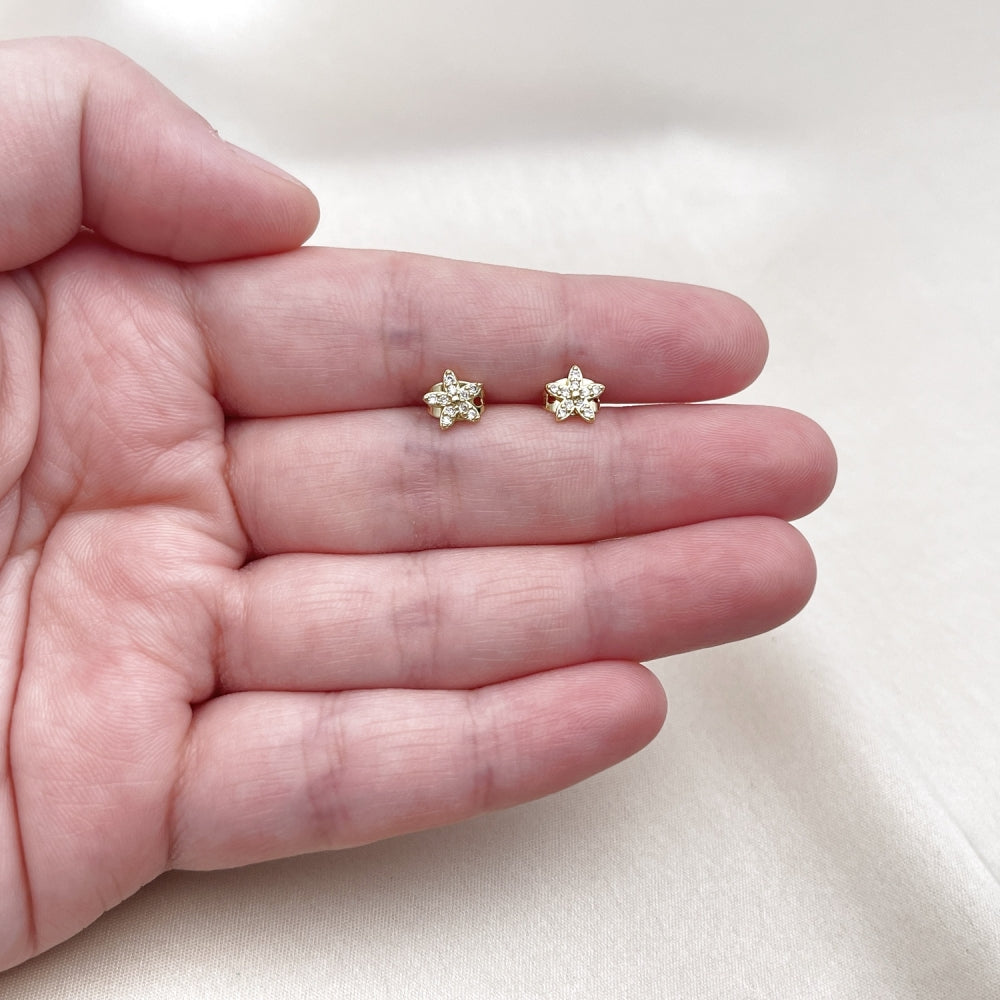 Oro Laminado Stud Earring, Gold Filled Style Flower Design, with White Micro Pave, Polished, Golden Finish