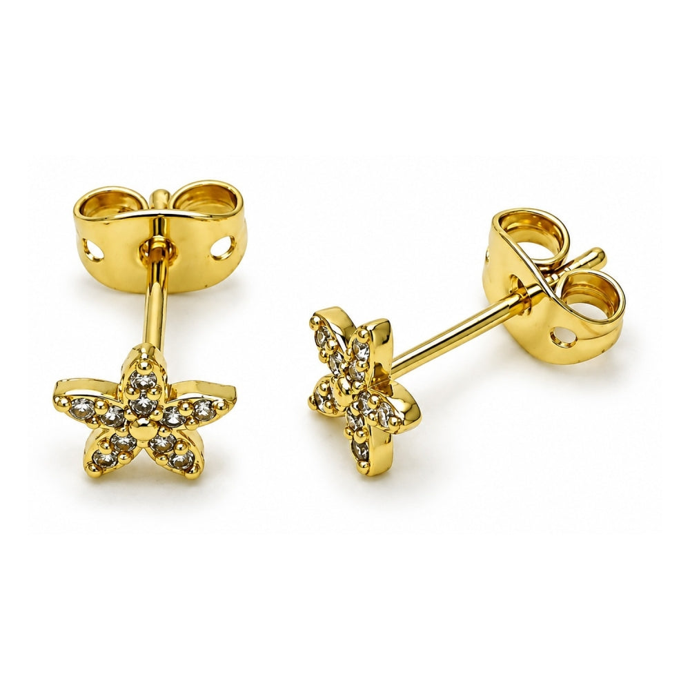 Oro Laminado Stud Earring, Gold Filled Style Flower Design, with White Micro Pave, Polished, Golden Finish