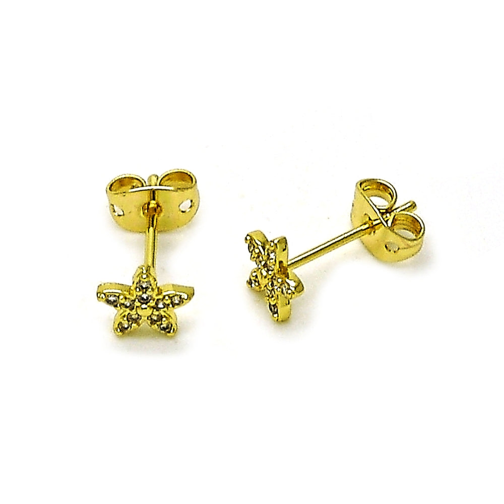 Oro Laminado Stud Earring, Gold Filled Style Flower Design, with White Micro Pave, Polished, Golden Finish