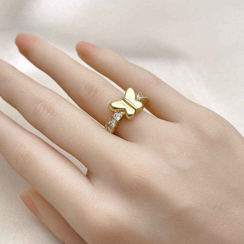 Oro Laminado Multi Stone Ring, Gold Filled Style Butterfly Design, with White Cubic Zirconia, Polished, Golden Finish