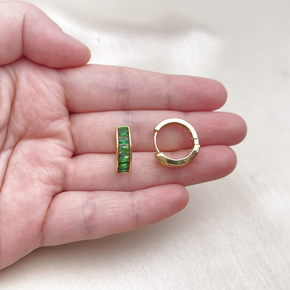 Oro Laminado Huggie Hoop, Gold Filled Style with Green Cubic Zirconia, Polished, Golden Finish