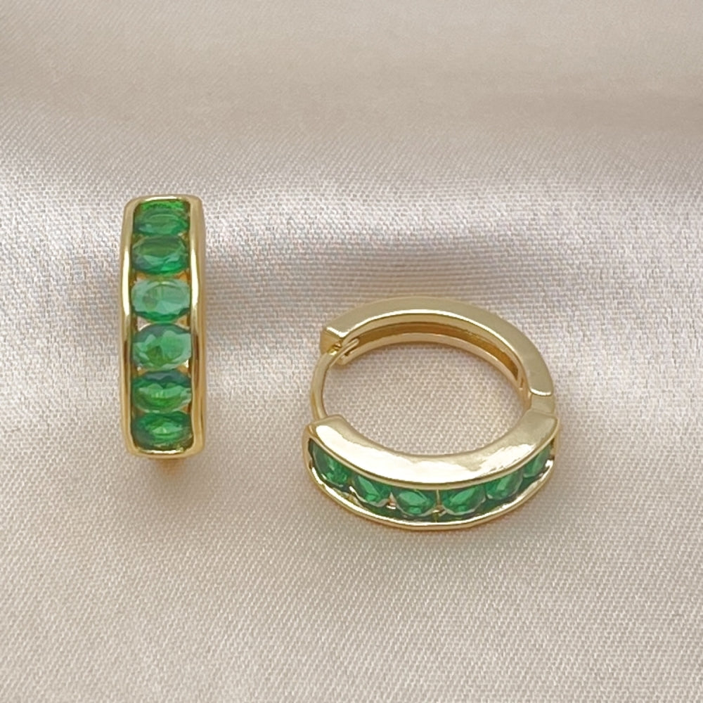 Oro Laminado Huggie Hoop, Gold Filled Style with Green Cubic Zirconia, Polished, Golden Finish