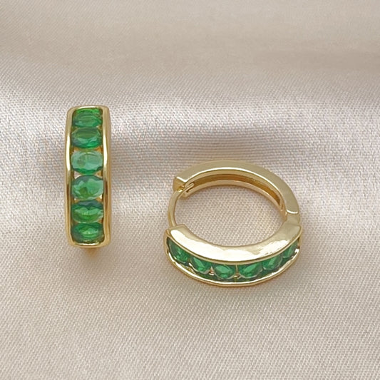 Oro Laminado Huggie Hoop, Gold Filled Style with Green Cubic Zirconia, Polished, Golden Finish