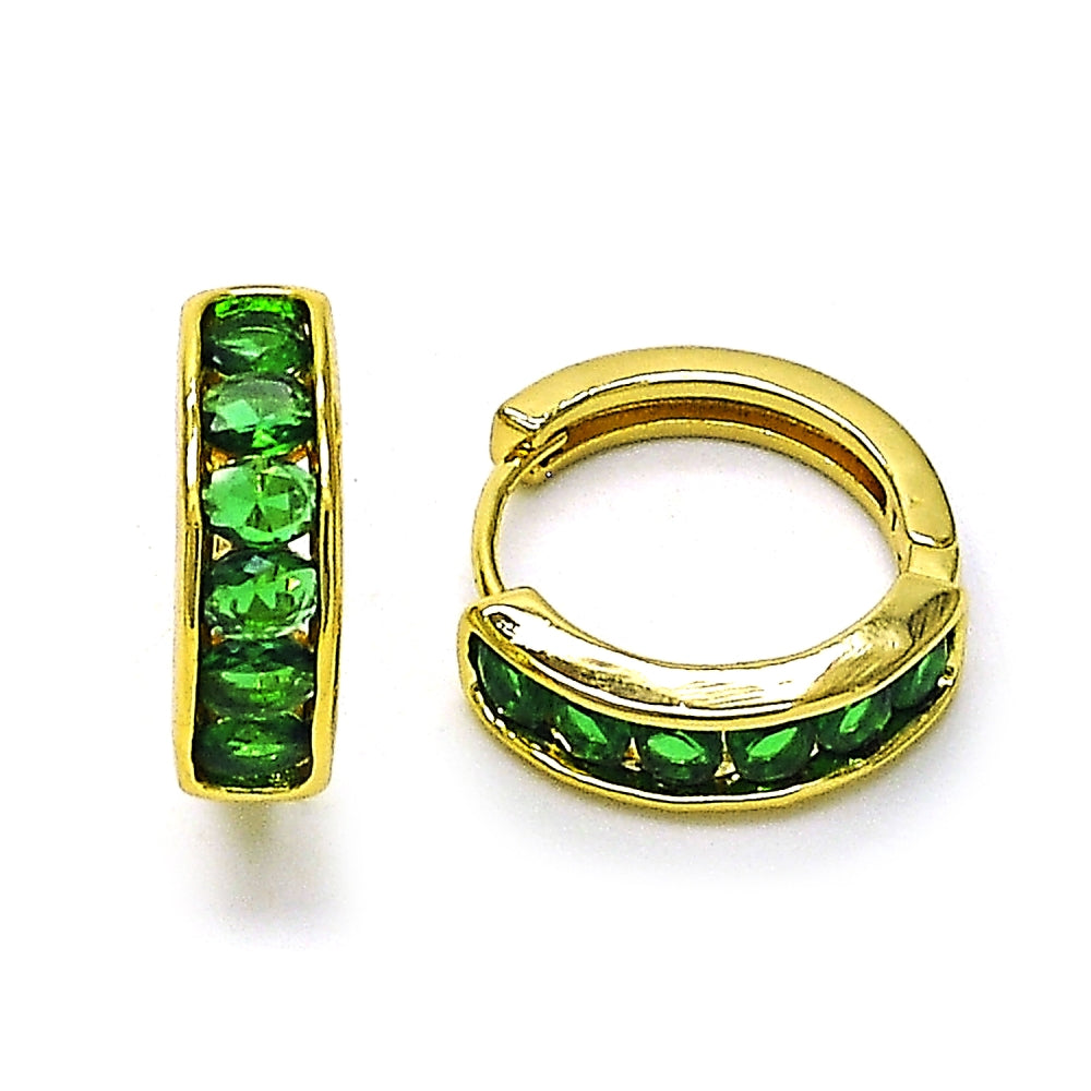 Oro Laminado Huggie Hoop, Gold Filled Style with Green Cubic Zirconia, Polished, Golden Finish