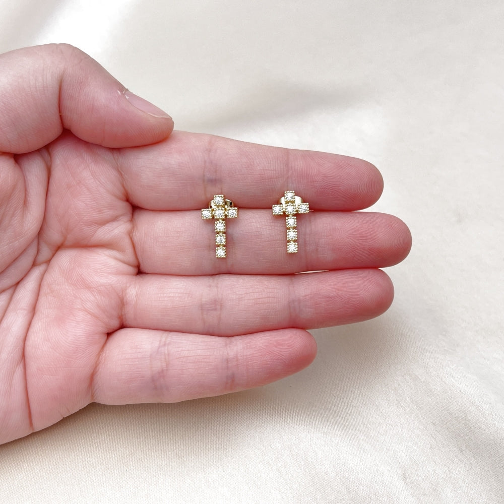 Oro Laminado Stud Earring, Gold Filled Style Cross Design, with White Cubic Zirconia, Polished, Golden Finish