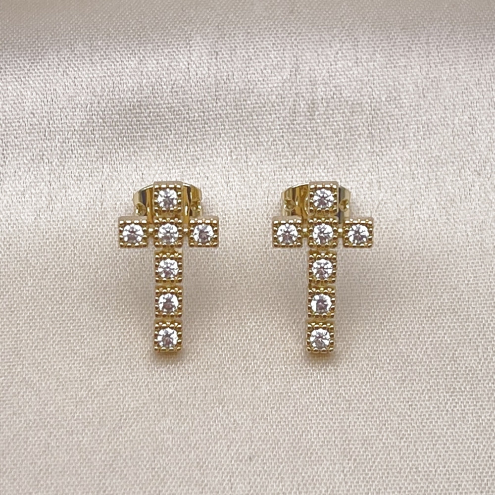 Oro Laminado Stud Earring, Gold Filled Style Cross Design, with White Cubic Zirconia, Polished, Golden Finish