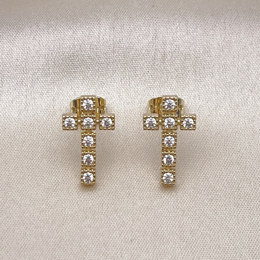 Oro Laminado Stud Earring, Gold Filled Style Cross Design, with White Cubic Zirconia, Polished, Golden Finish