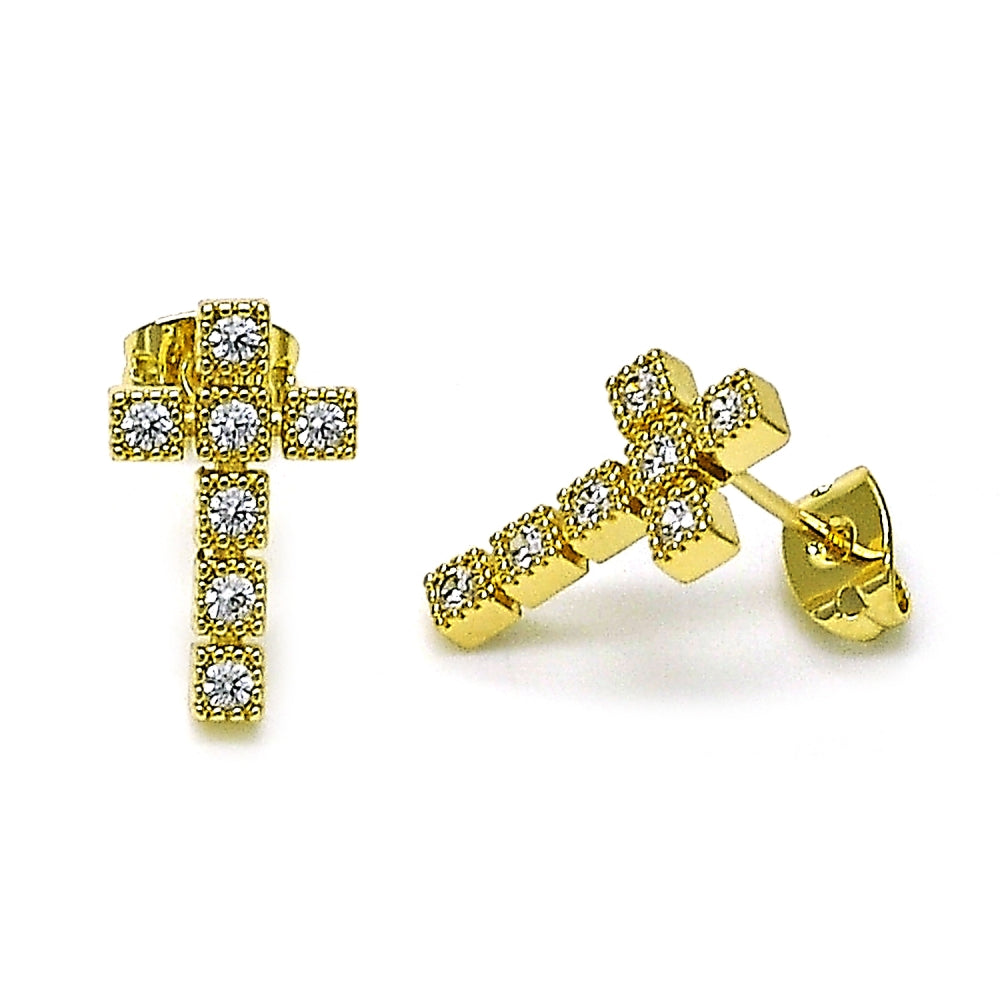 Oro Laminado Stud Earring, Gold Filled Style Cross Design, with White Cubic Zirconia, Polished, Golden Finish