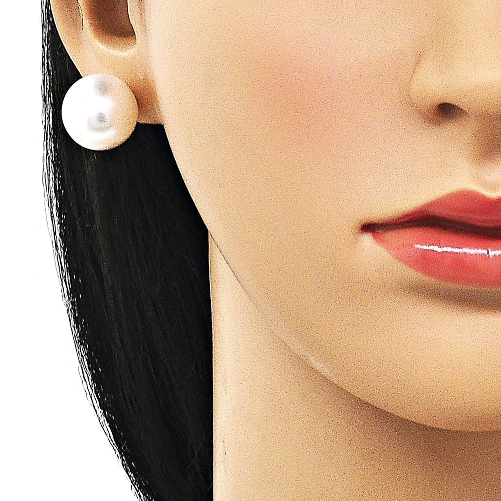 Oro Laminado Stud Earring, Gold Filled Style Ball Design, with Ivory Pearl, Polished, Golden Finish