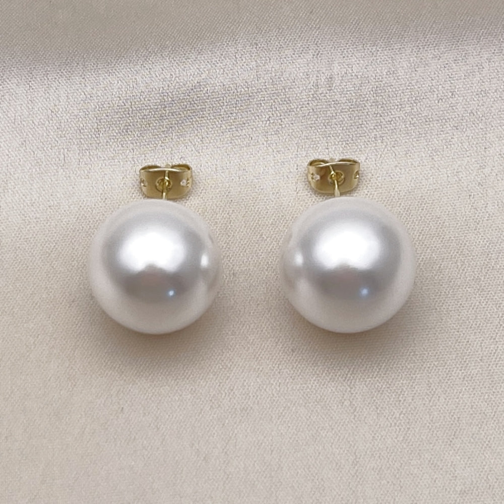 Oro Laminado Stud Earring, Gold Filled Style Ball Design, with Ivory Pearl, Polished, Golden Finish