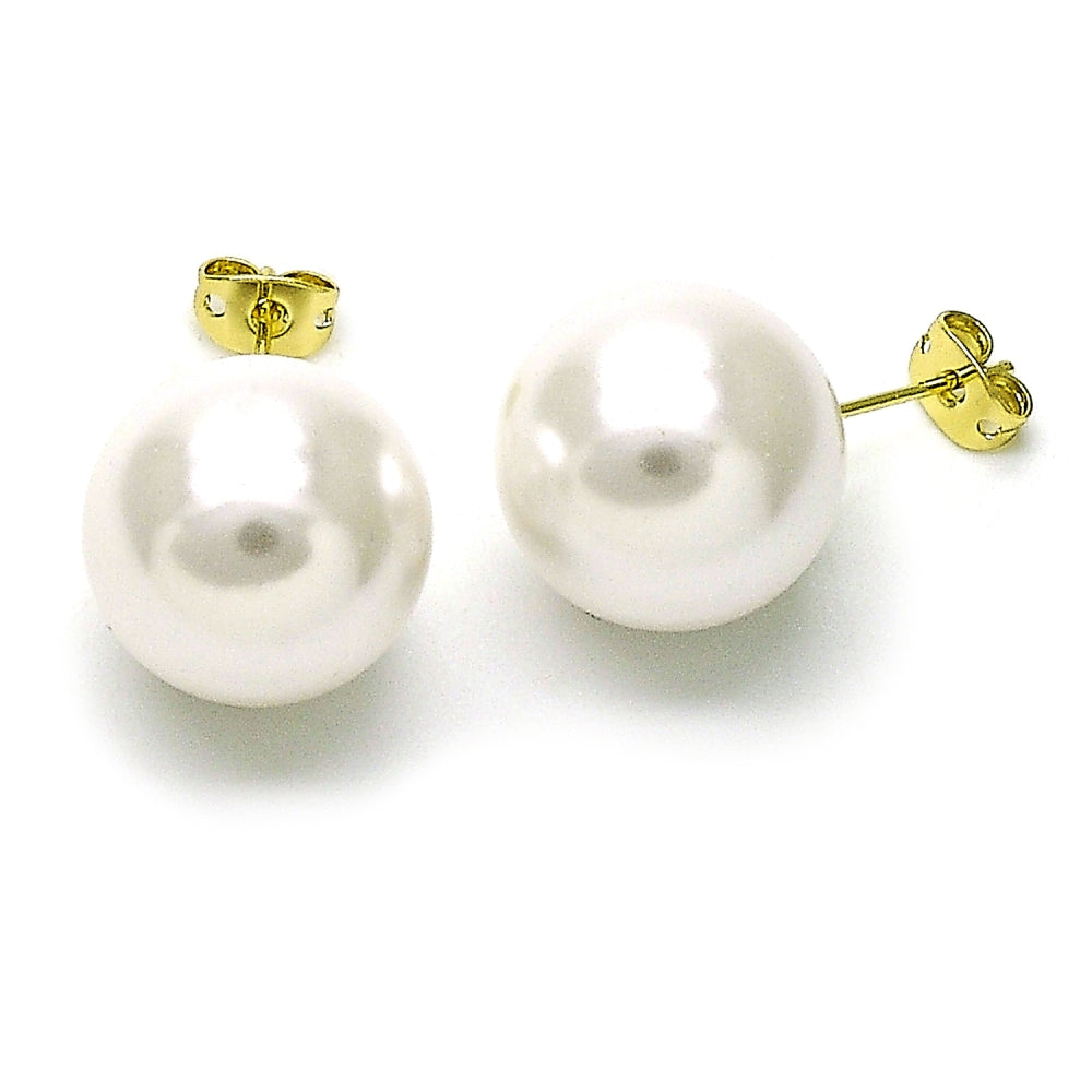 Oro Laminado Stud Earring, Gold Filled Style Ball Design, with Ivory Pearl, Polished, Golden Finish