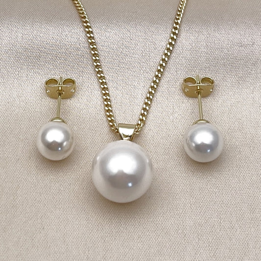 Oro Laminado Earring and Pendant Adult Set, Gold Filled Style Ball Design, with Ivory Pearl, Polished, Golden Finish