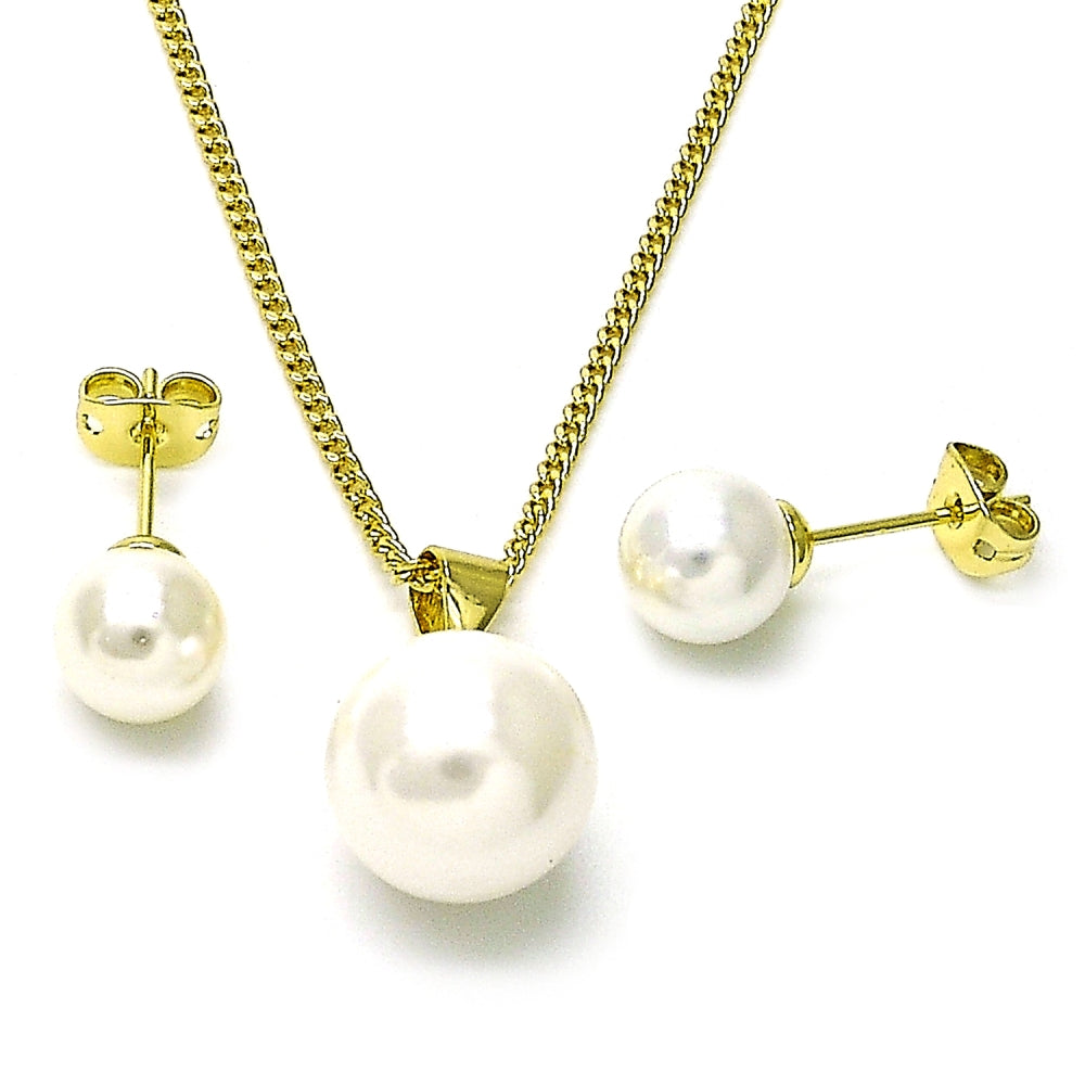 Oro Laminado Earring and Pendant Adult Set, Gold Filled Style Ball Design, with Ivory Pearl, Polished, Golden Finish