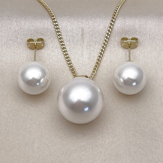 Oro Laminado Earring and Pendant Adult Set, Gold Filled Style Ball Design, with Ivory Pearl, Polished, Golden Finish