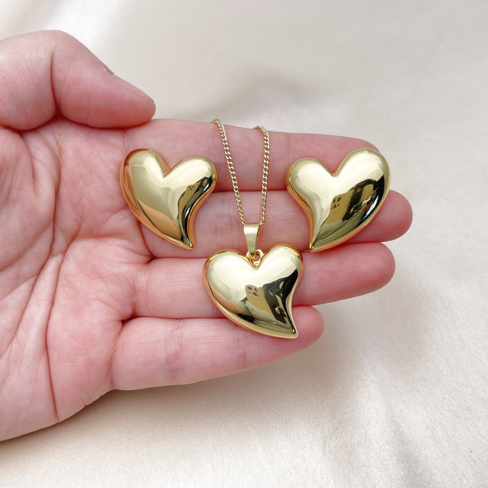Oro Laminado Earring and Pendant Adult Set, Gold Filled Style Heart Design, Polished, Golden Finish