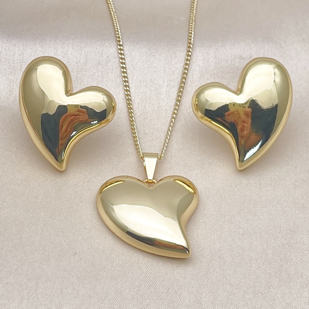 Oro Laminado Earring and Pendant Adult Set, Gold Filled Style Heart Design, Polished, Golden Finish