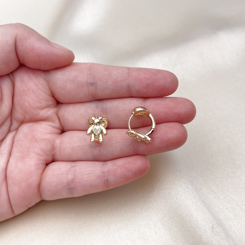 Oro Laminado Huggie Hoop, Gold Filled Style Teddy Bear and Heart Design, with White Micro Pave, Polished, Golden Finish