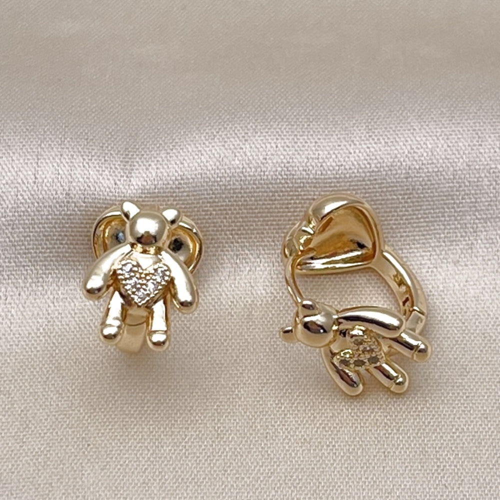 Oro Laminado Huggie Hoop, Gold Filled Style Teddy Bear and Heart Design, with White Micro Pave, Polished, Golden Finish