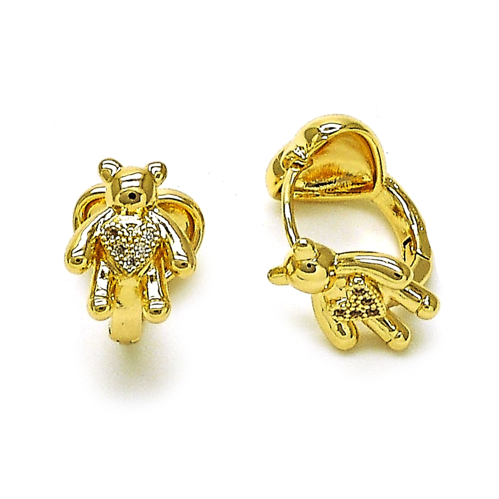 Oro Laminado Huggie Hoop, Gold Filled Style Teddy Bear and Heart Design, with White Micro Pave, Polished, Golden Finish