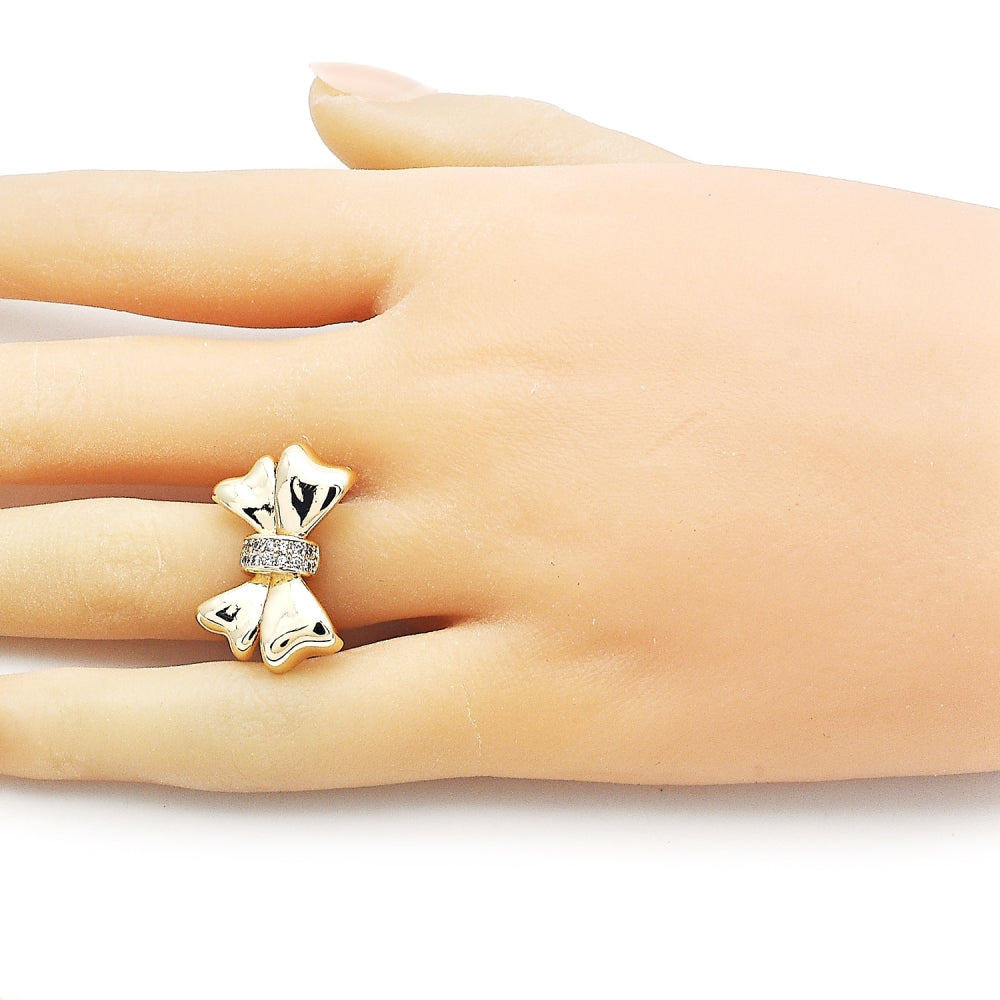 Oro Laminado Multi Stone Ring, Gold Filled Style Bow Design, with White Cubic Zirconia, Polished, Golden Finish