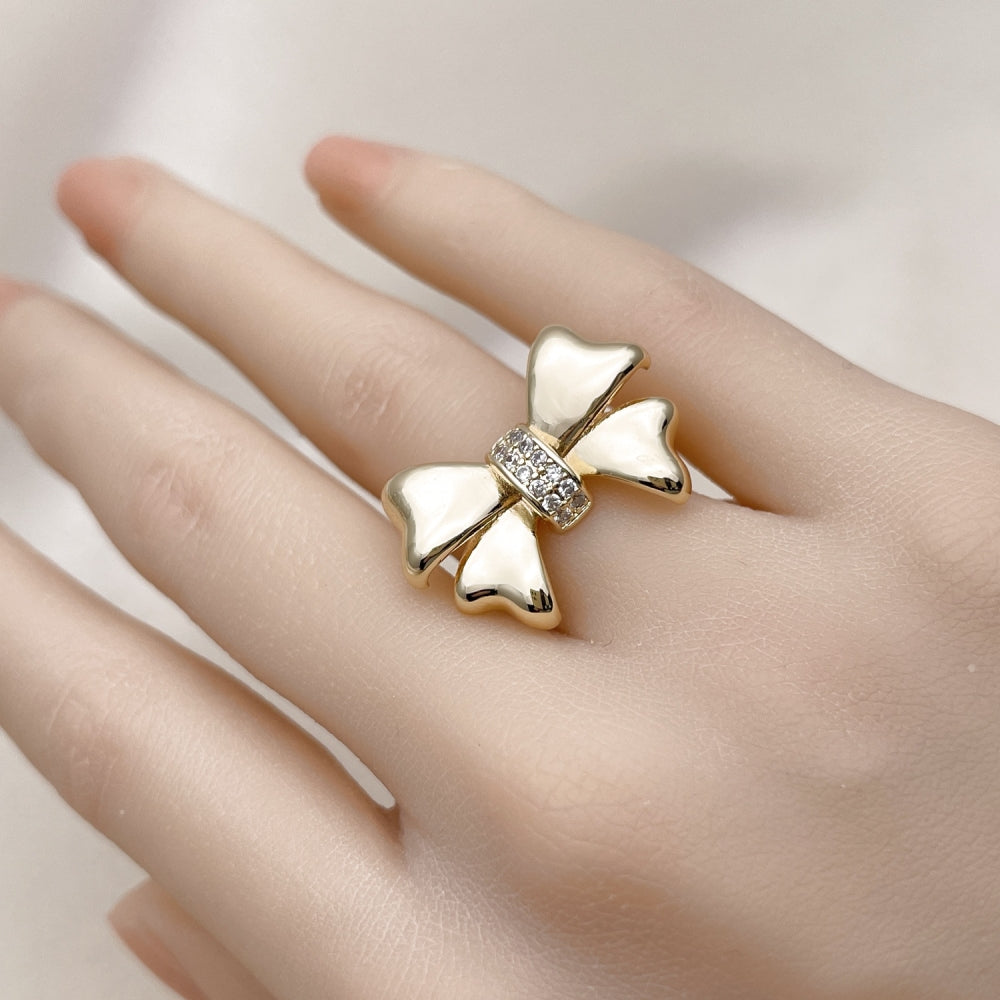 Oro Laminado Multi Stone Ring, Gold Filled Style Bow Design, with White Cubic Zirconia, Polished, Golden Finish