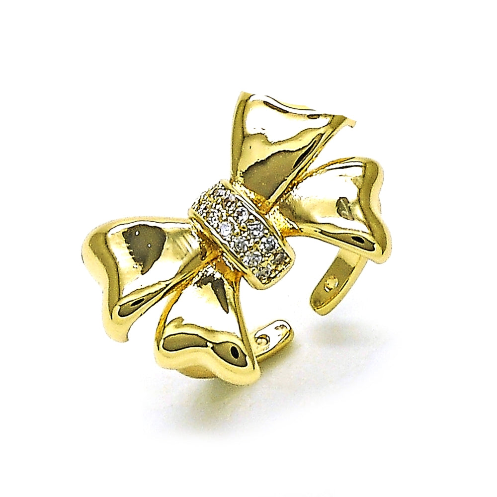 Oro Laminado Multi Stone Ring, Gold Filled Style Bow Design, with White Cubic Zirconia, Polished, Golden Finish