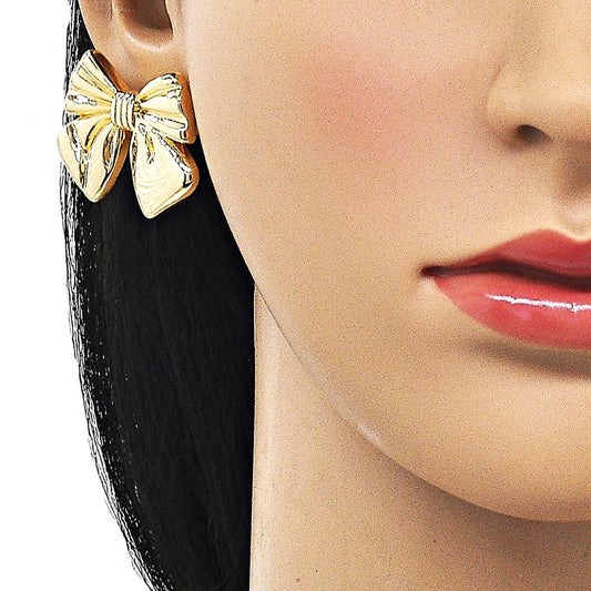 Oro Laminado Stud Earring, Gold Filled Style Bow Design, Polished, Golden Finish