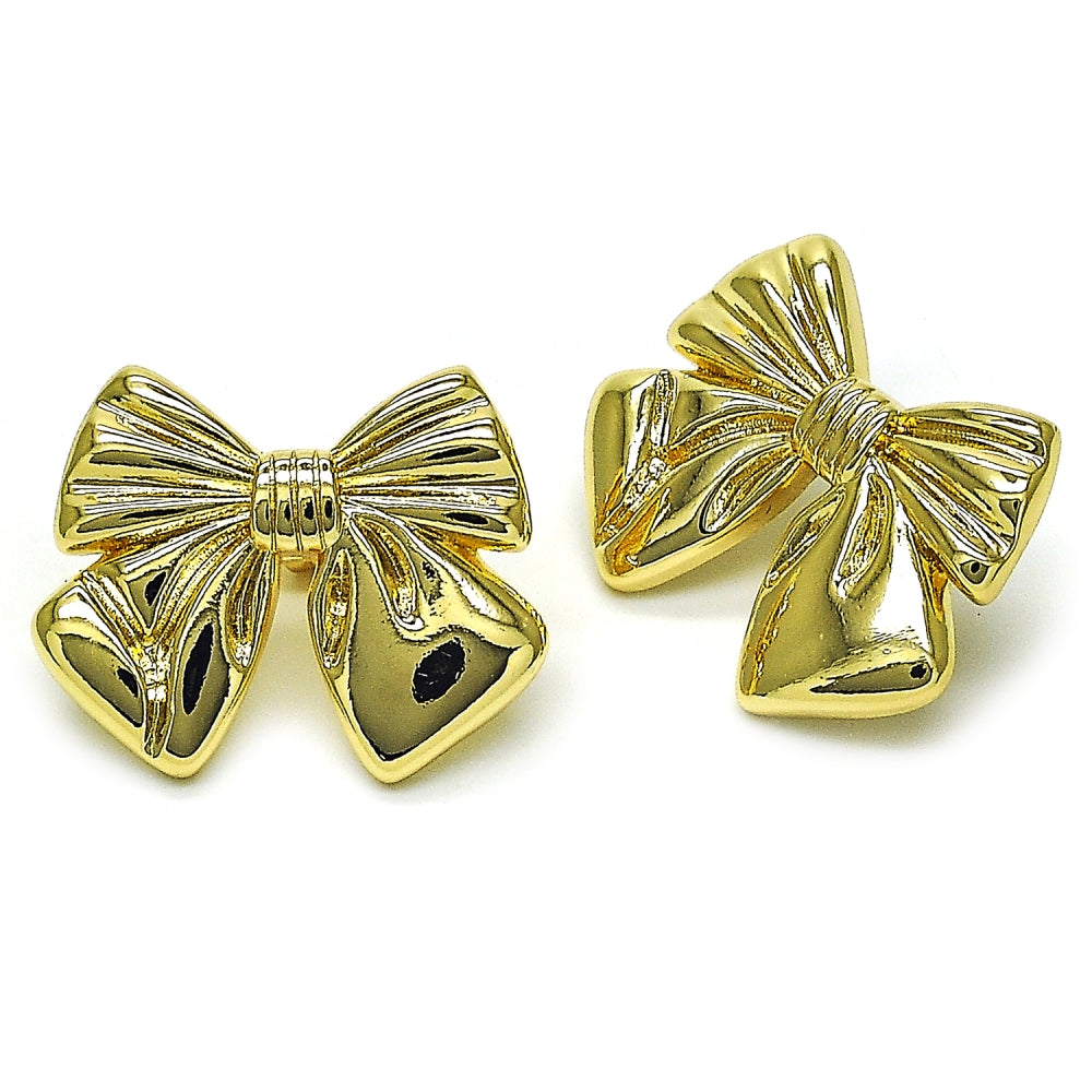Oro Laminado Stud Earring, Gold Filled Style Bow Design, Polished, Golden Finish