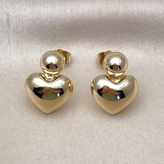 Oro Laminado Stud Earring, Gold Filled Style Heart and Ball Design, Polished, Golden Finish