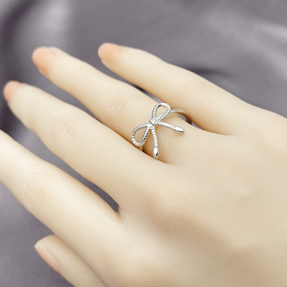 Rhodium Gold Filled Elegant Ring, Bow Design, Diamond Cutting Finish, Rhodium Finish
