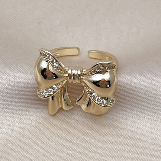 Oro Laminado Multi Stone Ring, Gold Filled Style Bow Design, with White Cubic Zirconia, Polished, Golden Finish
