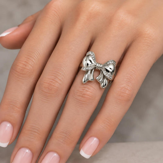 White Gold Filled Multi Stone Ring, Bow Design, with White Cubic Zirconia, Polished, Rhodium Finish