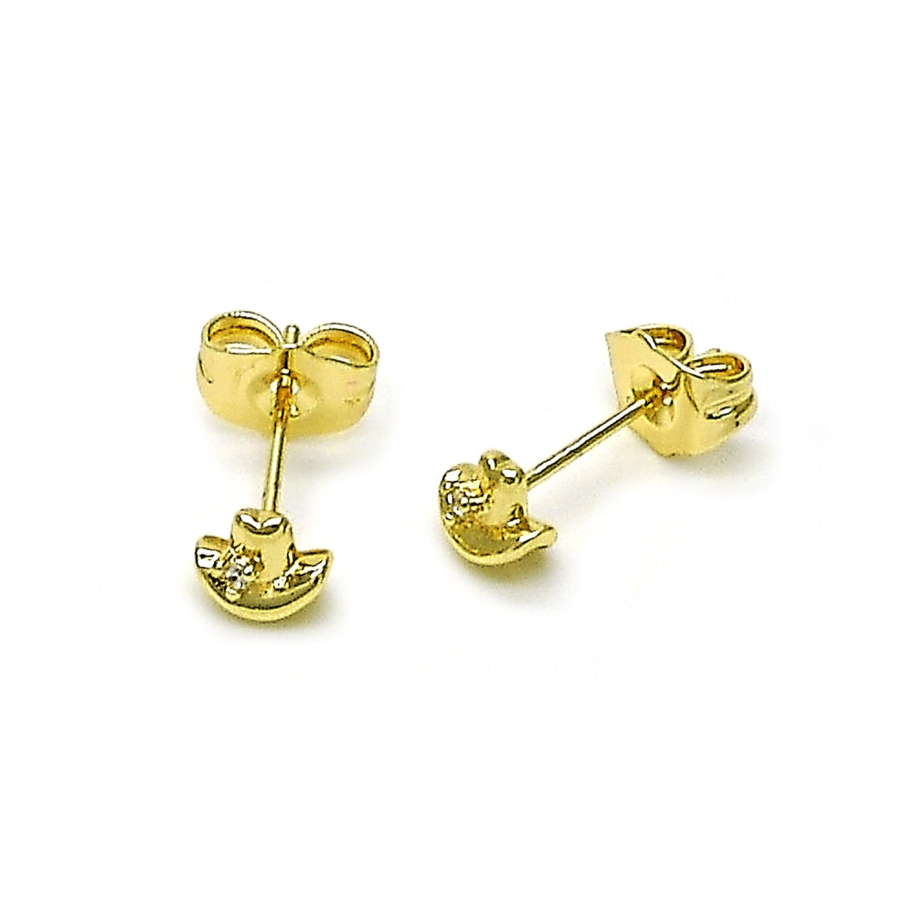 Oro Laminado Stud Earring, Gold Filled Style Hat Design, with White Cubic Zirconia, Polished, Golden Finish