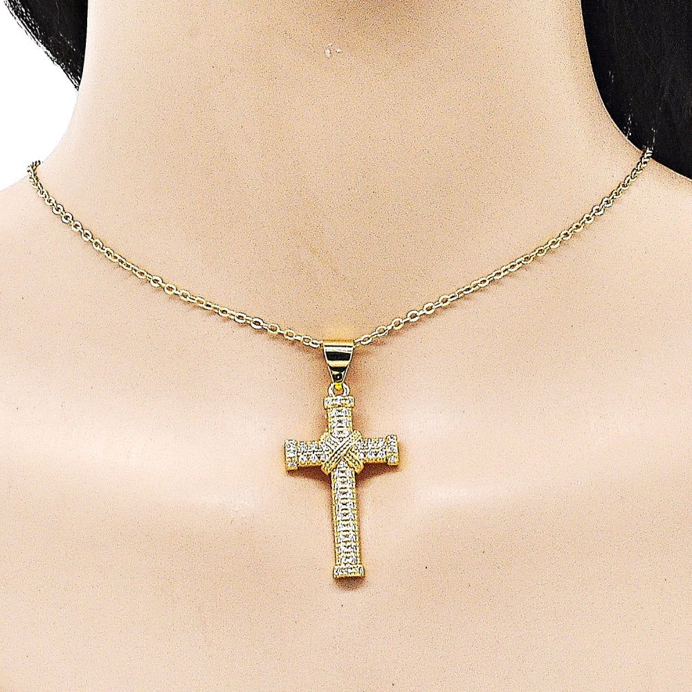 Oro Laminado Religious Pendant, Gold Filled Style Cross Design, with White Cubic Zirconia, Polished, Golden Finish