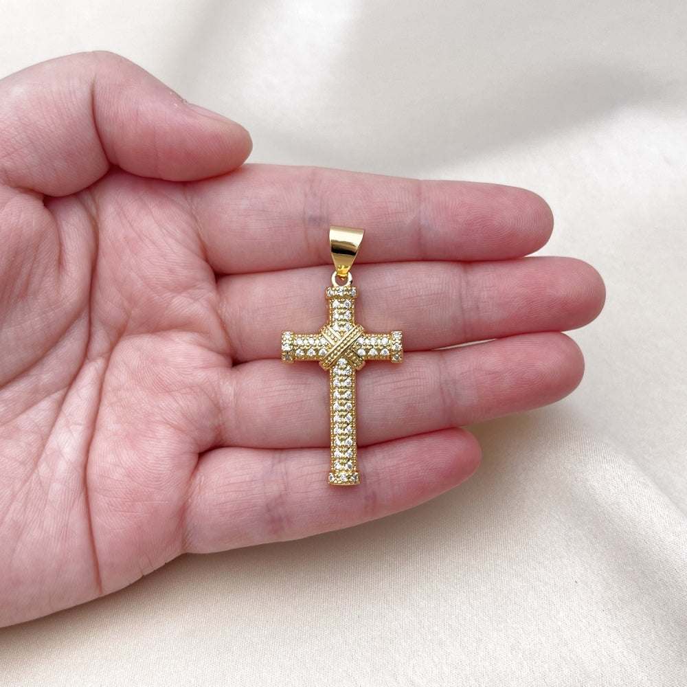 Oro Laminado Religious Pendant, Gold Filled Style Cross Design, with White Cubic Zirconia, Polished, Golden Finish