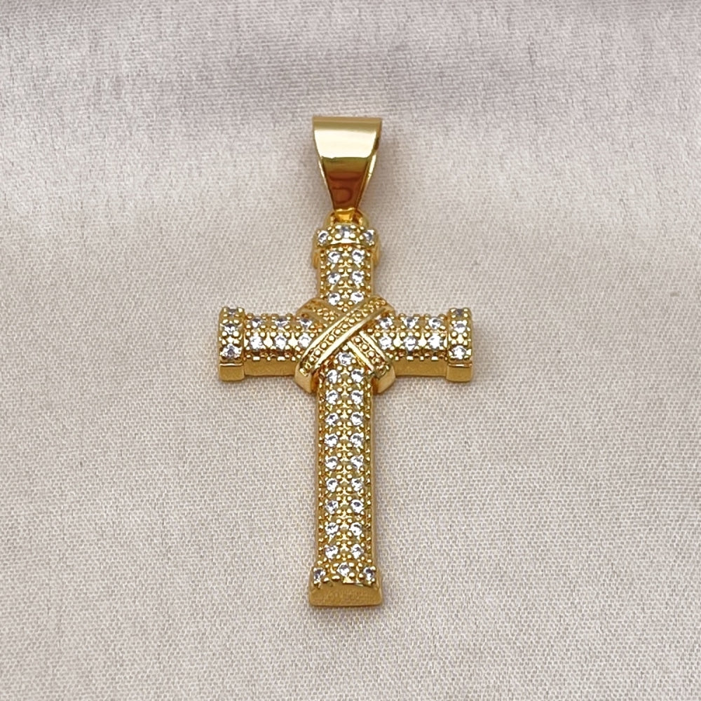 Oro Laminado Religious Pendant, Gold Filled Style Cross Design, with White Cubic Zirconia, Polished, Golden Finish