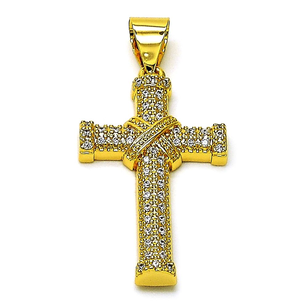 Oro Laminado Religious Pendant, Gold Filled Style Cross Design, with White Cubic Zirconia, Polished, Golden Finish