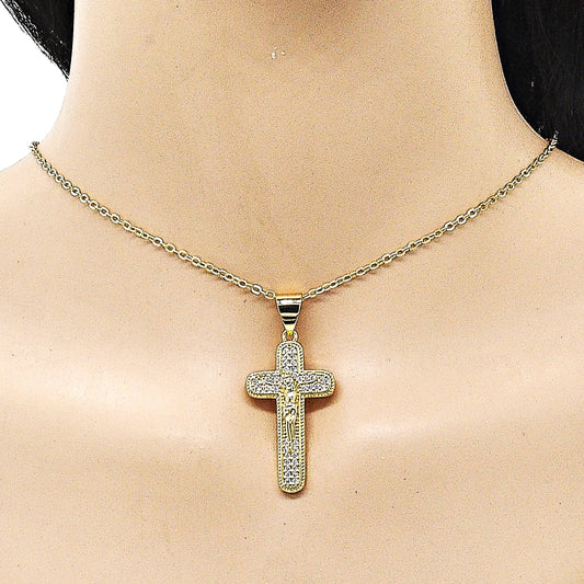 Oro Laminado Religious Pendant, Gold Filled Style Cross and Crucifix Design, with White Micro Pave, Polished, Golden Finish