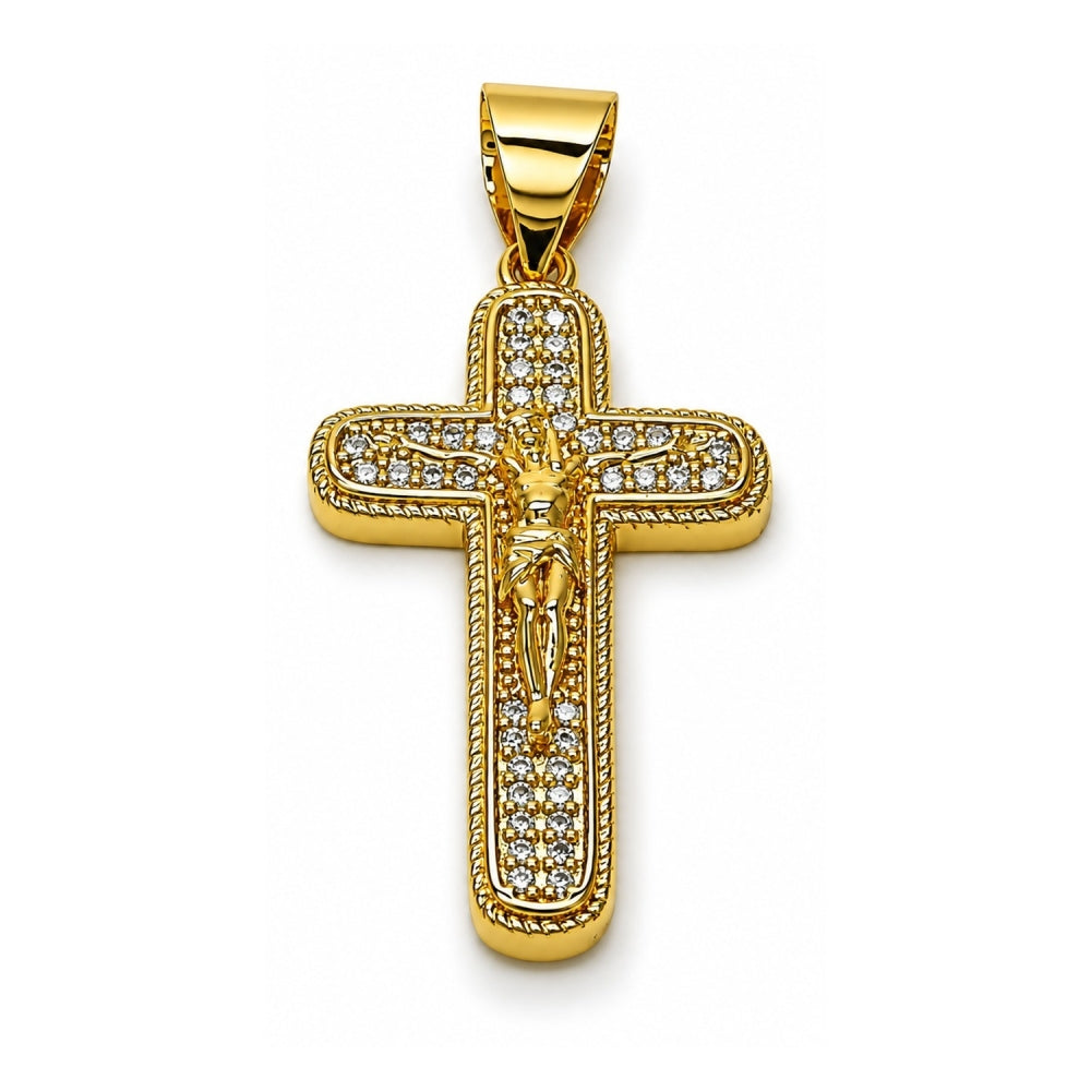 Oro Laminado Religious Pendant, Gold Filled Style Cross and Crucifix Design, with White Micro Pave, Polished, Golden Finish