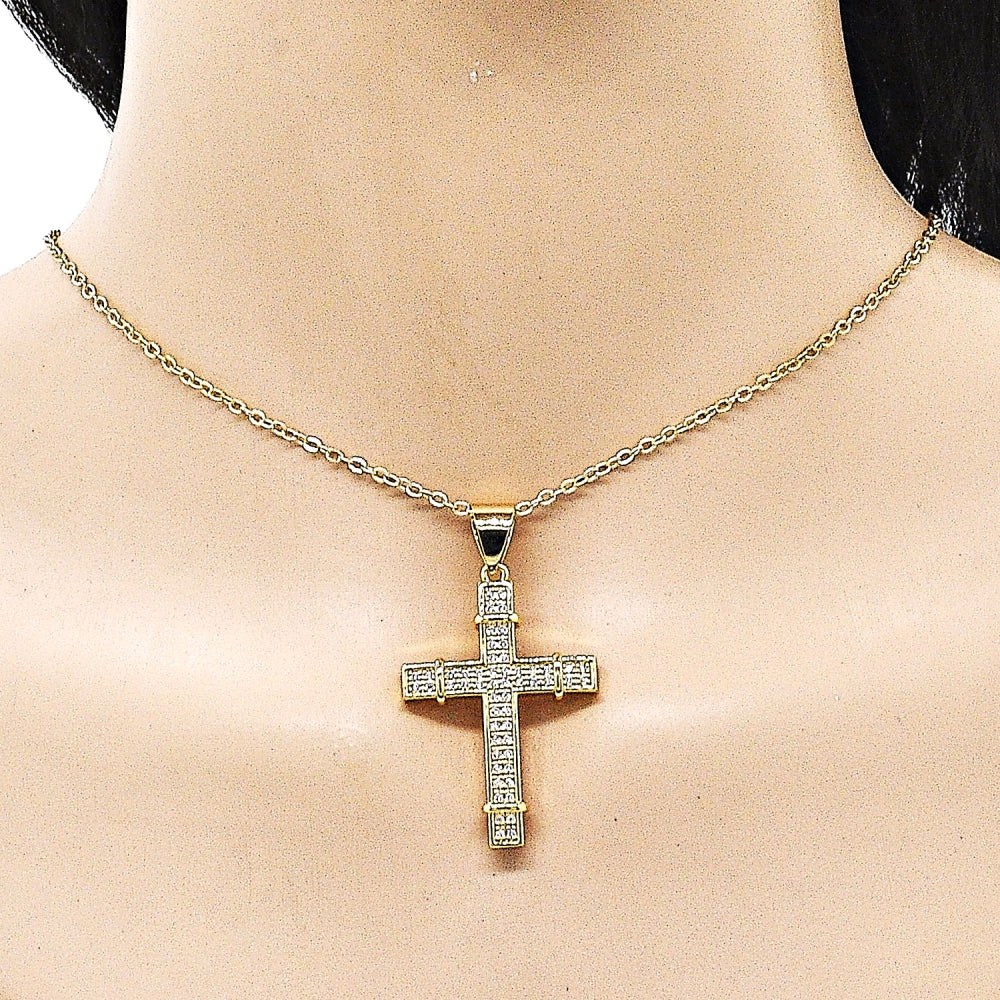Oro Laminado Religious Pendant, Gold Filled Style Cross Design, with White Micro Pave, Polished, Golden Finish