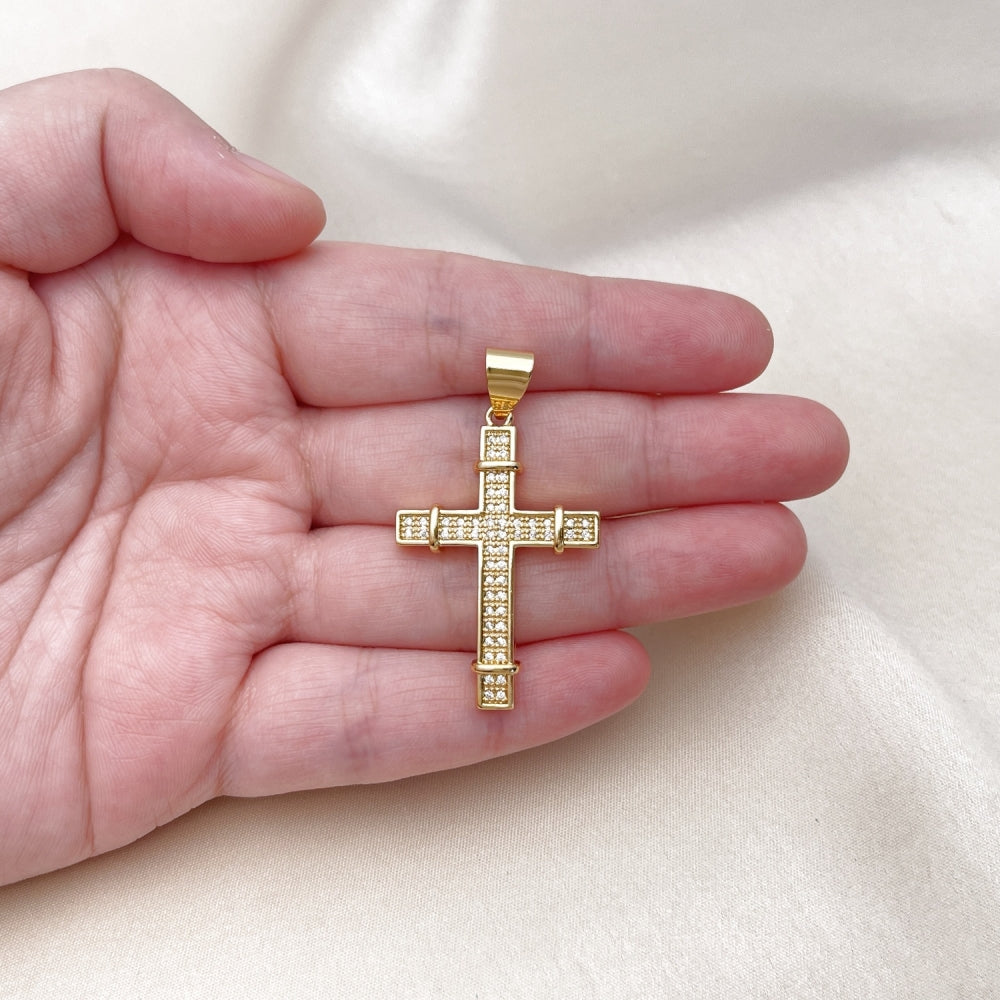 Oro Laminado Religious Pendant, Gold Filled Style Cross Design, with White Micro Pave, Polished, Golden Finish